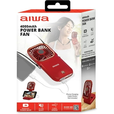 Aiwa Folding Necklace Fan and 4000mAh Power Bank with Lanyard and Phone Stand, Red