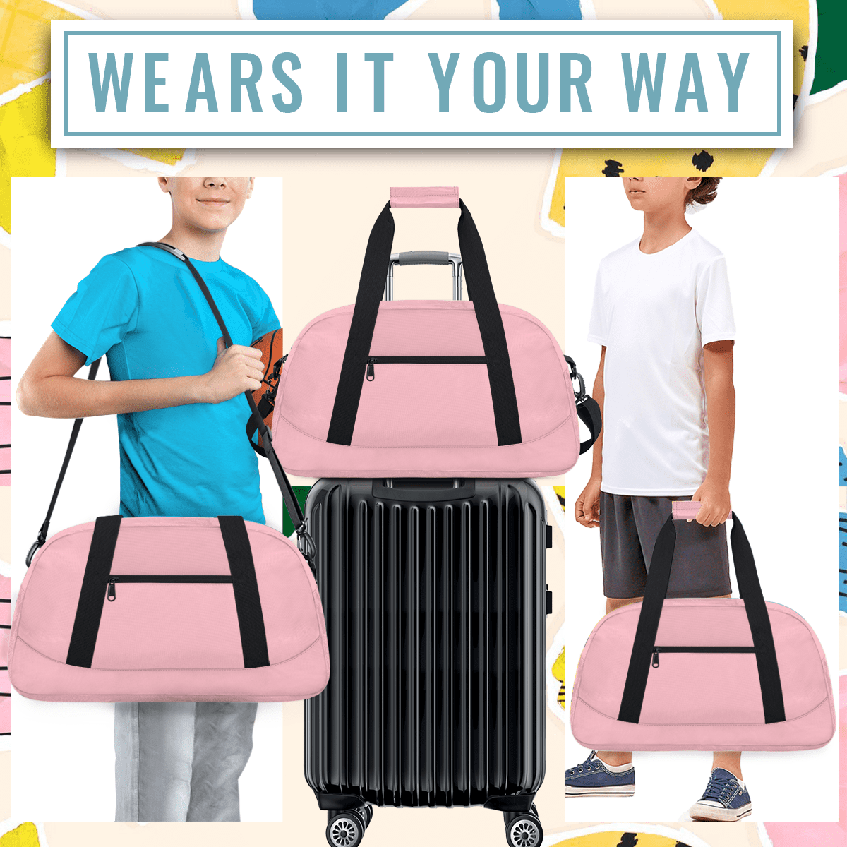 Herdesigns Light Pink Sports Duffle Bag for Women & Men, Gym Bag Dance Bag Overnight Bag Carry On Weekender Travel Bag