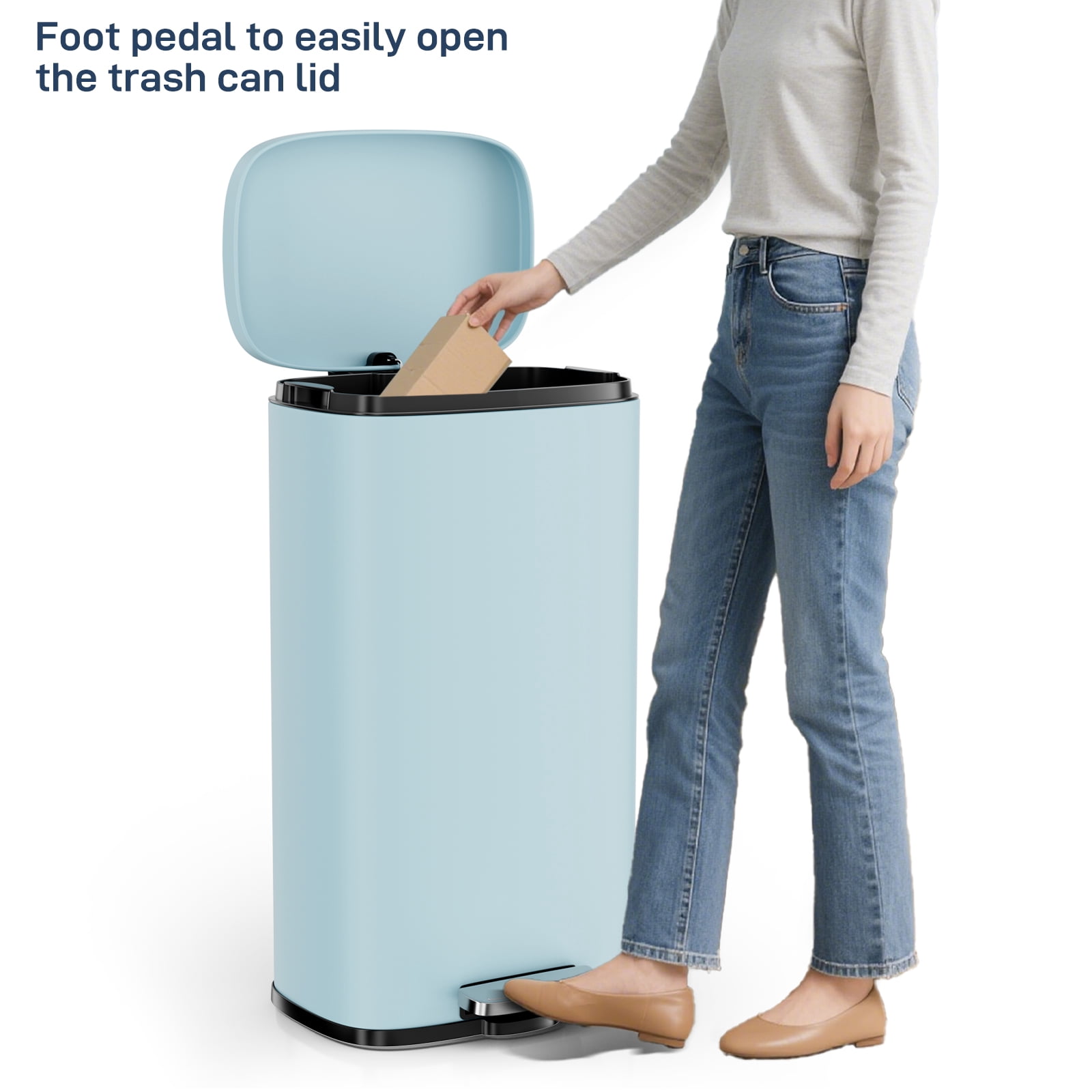 Arlopu 8 Gallon Step Pedal Trash Can, Stainless Steel, Hands-free Soft Close lid Garbage bin