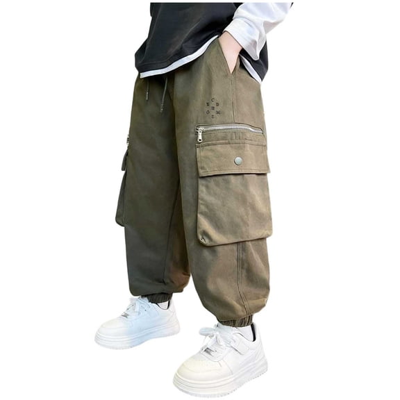 FAHXNVB Boys' Elastic Waist Cargo Pant Wide Leg Casual Loose Fit Parachute Trousers Fashion Althletic Hiking Pants 5-15 Years