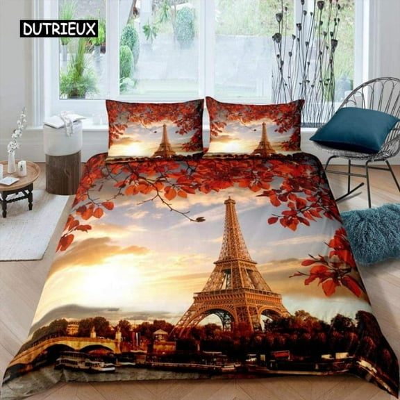 Paris Duvet Cover Vintage Eiffel Tower Red Umbrella Soft Breathable Paris Bedding Set Microfiber Dou