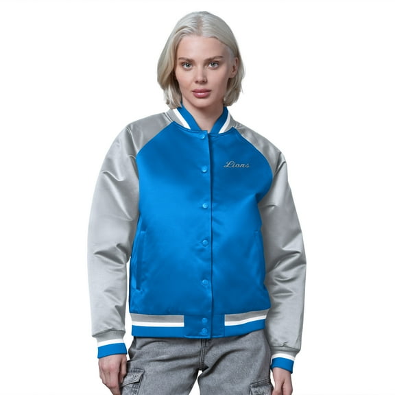 Women's Starter Blue/Silver Detroit Lions Satin Full-Snap Vintage Varsity Jacket
