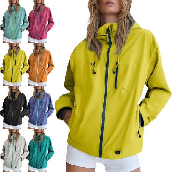 Zip Up Windbreaker for Women Hooded Full Zip Long Sleeve Casual Solid Color Jacket with Pockets