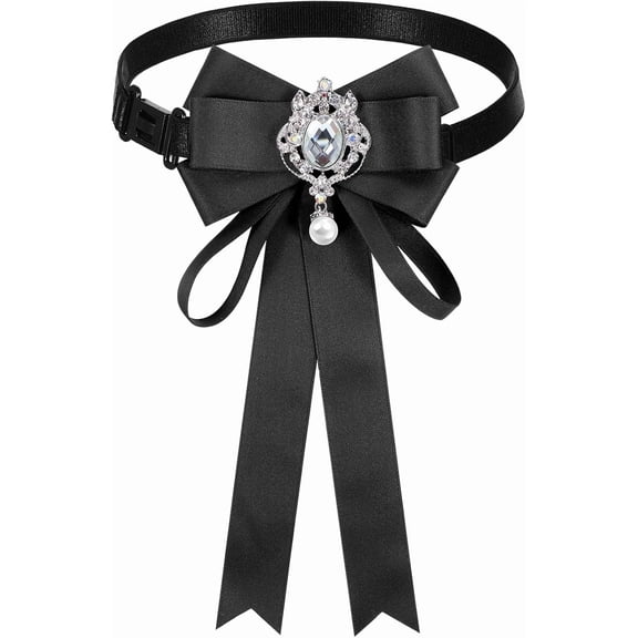 Women’s Rhinestone Bow Tie, Pearl Ribbon Pre-Tied Adjustable Neck Tie with Detachable Bow for Weddings & Formal Events