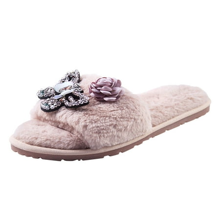 

Unisex House Cotton Slipper Plush Shoes Flat Open Slip On Home Flowers Slippers Toe Warm Furry Keep Women Home Women S Slipper