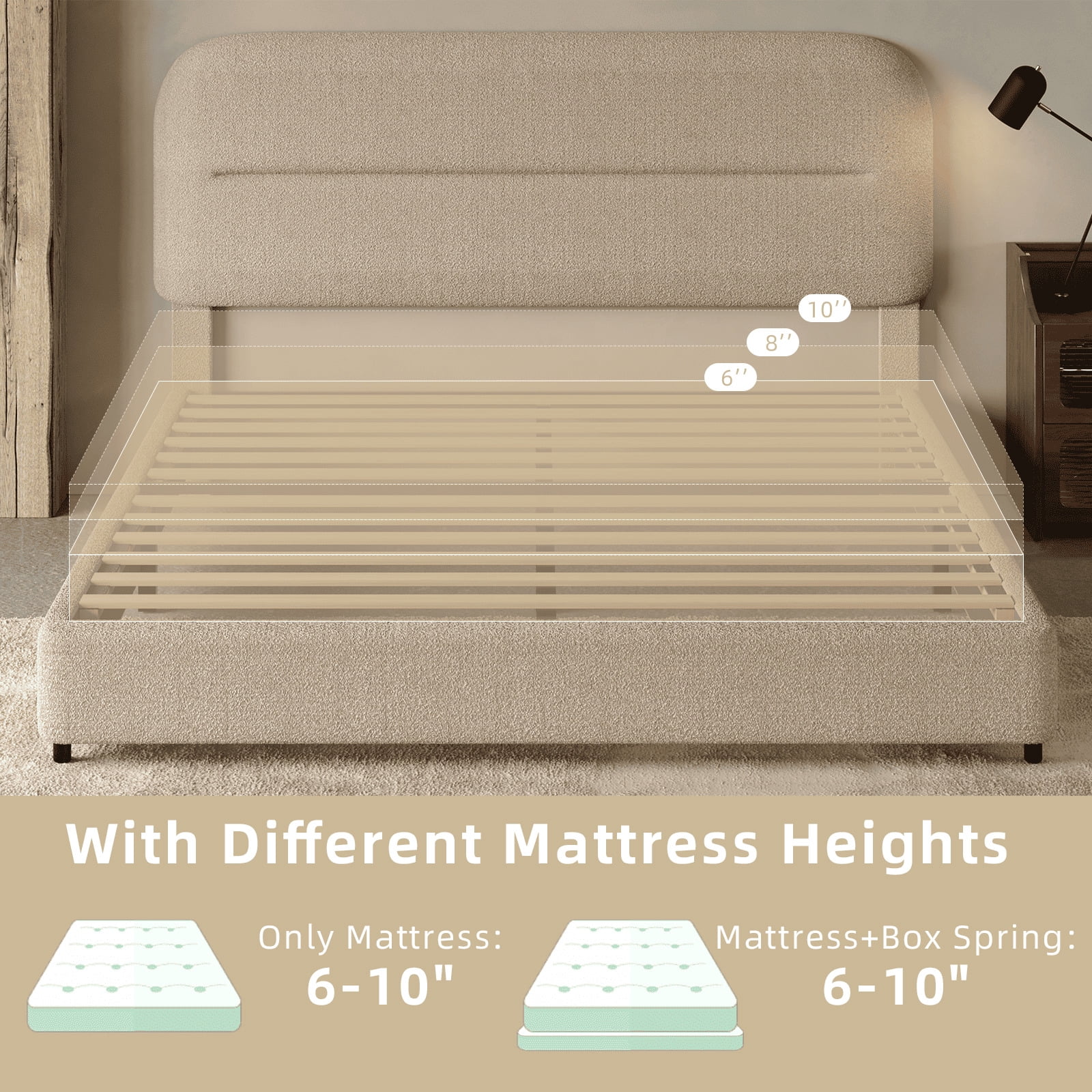 4 EVER WINNER Queen Bed Frame with Headboard, Boucle Upholstered Platform Bed Frame, Luxurious Soft Rounded Corners, No Box Spring Required, Non-Slip and Noise-Free, Easy Assembly, Beige