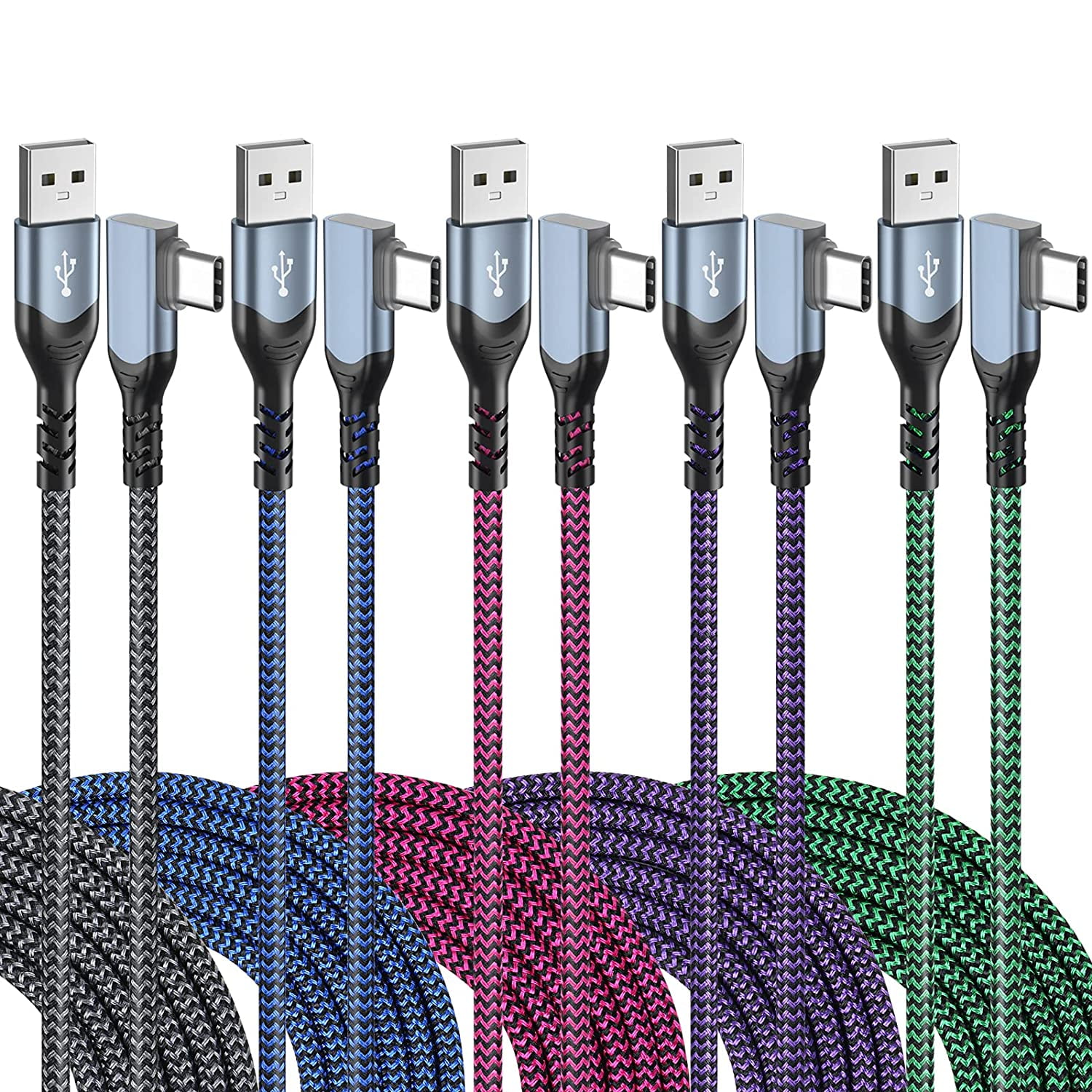 RGHJAR-USB C Cable 10ft, 5-Pack Type C Fast Charging Android Charger Cords USB-A to USB-C 90 Degree Right Angle L Shape Braided Cable for iPhone 17 16 15, Samsung Galaxy S25 S24 A16 A15, Google Pixe