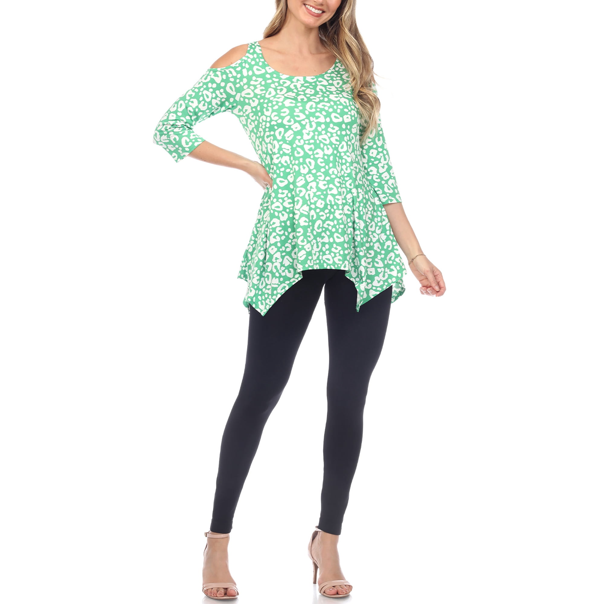 White Mark Fashion Casual Leopard Print Cold Shoulder Top, Women's