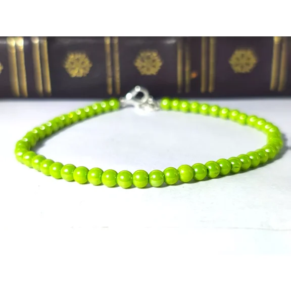 ROYALGEMSTONE Lime Green Glass Pearl Beaded Bracelet with Silver Clasp