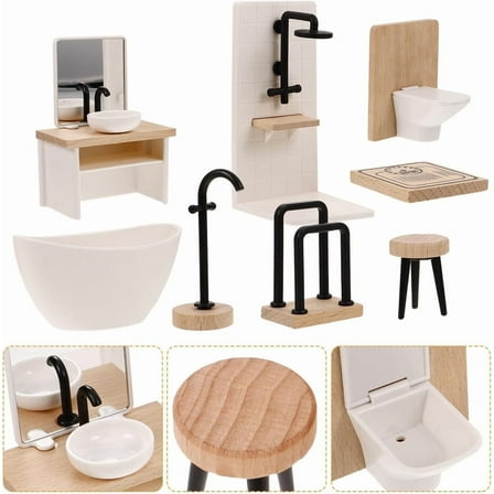 8pcs Dollhouse Bathroom Set: 1 12 Scale Dollhouse Toilet Bathtub Basin Wooden Bathroom Cabinet with Sink Miniature Furniture for Doll Bathroom Accessories,Holiday Gift Christmas Gift