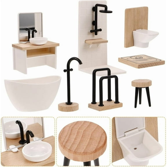 8pcs Dollhouse Bathroom Set: 1 12 Scale Dollhouse Toilet Bathtub Basin Wooden Bathroom Cabinet with Sink Miniature Furniture for Doll Bathroom Accessories,Holiday Gift Christmas Gift