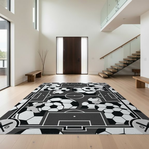 Design&I 6'x9' Washable Area Rug Markings Goal Frame Border Door Center Striped Soccer Field Motif Playful for Queen Size Bedroom, Under Bed, Sleek Flatweave Pet Friendly