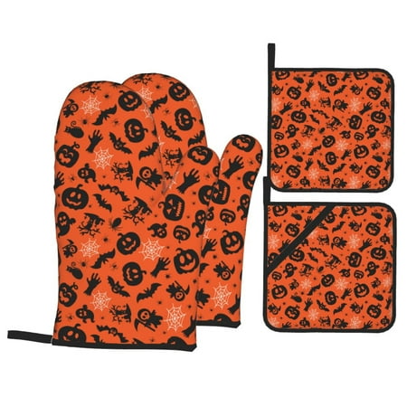 

Oven Mitts and Pot Holders 4 Piece halloween pumpkins spider web High Heat Slip Resistant Oven Mitt and Trivets Set Kitchen Oven Glove Pot Holders for Cooking Baking Grilling