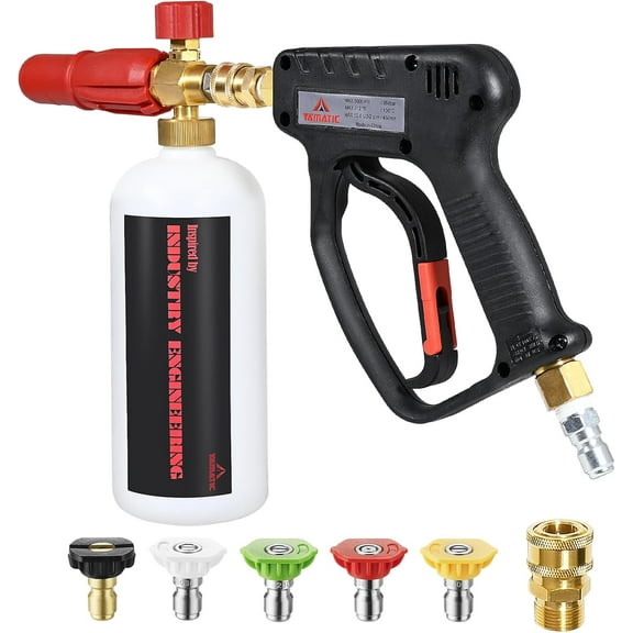 YAMATIC Short Pressure Washer Gun with Foam Cannon, 5000 PSI Power Washer Foam Gun Kit for Car Wash, 3/8" FNPT Swivel Inlet, M22-14mm & 1/4" Quick Connector Replacement for High Pressure Washers