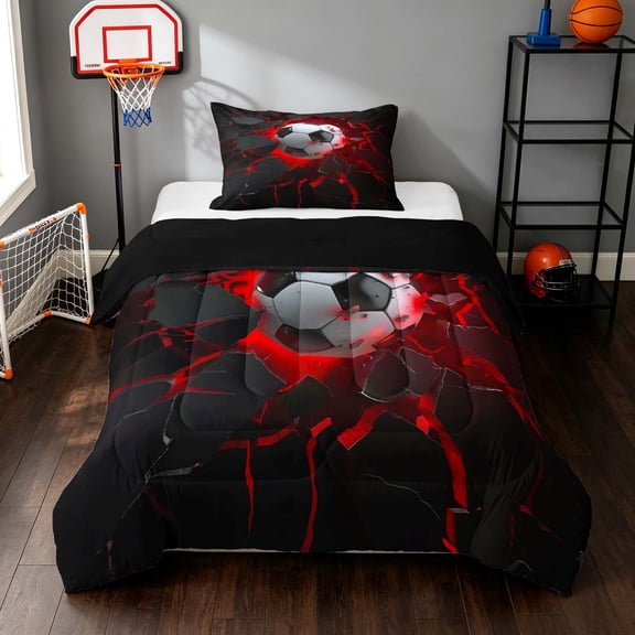 Manfei Soccer Sports Twin Comforter Sets, Neon Lightning Bedding Set, Teal Crack Glow, Black Reversible 2 Pieces 1 Comforter and 1 Pillowcase