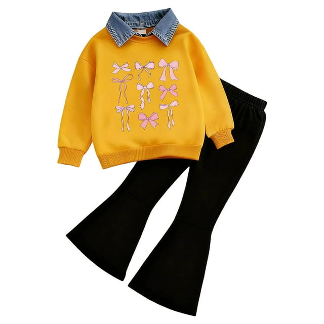 Caqnni Girl Relaxed Fit Two-Piece Set Featuring a Classic Polo Lightweight Pullover Sweatshirt and Trendy Flare Pants for Spring and Fall(Light Pink,3-4 Years)