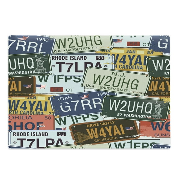 Vintage Cutting Board, Original Retro Style License Plates Personalized Creative Travel Vacation, Decorative Tempered Glass Cutting and Serving Board, Large Size, Green Blue Yellow, by Ambesonne
