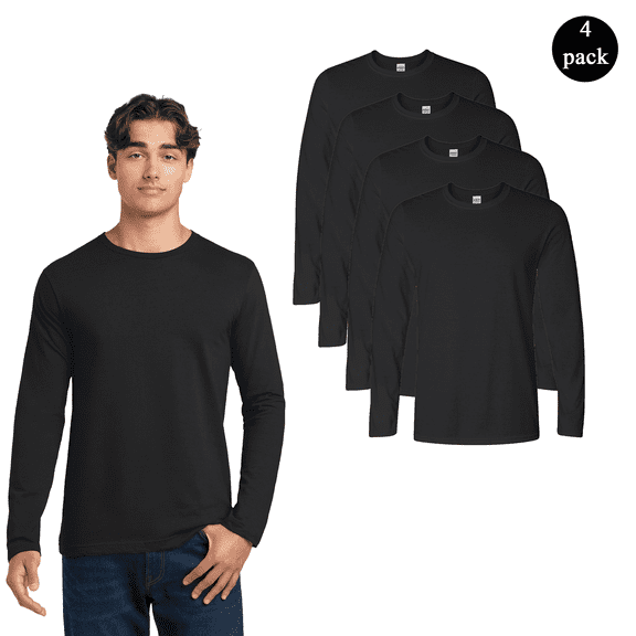 Gildan Men's Softstyle Long Sleeve T-Shirt, Durable Crew Neck Classic Fit Tee, Black, 4-Pack, S