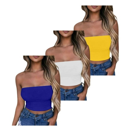 Lovskoo Womens 3 Pack Tube Tops Crop Tops Going Out Strapless Basic Backless Bandeau Bra Summer Outfits 2024 Y2K Clothes Blue + White + Yellow