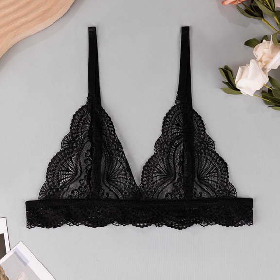 Womens Bra Wireless Sheer Lace Bralette Womens Thin Strap V-Neck Thin Cup Unlined Breathable Casual Bra Black XL