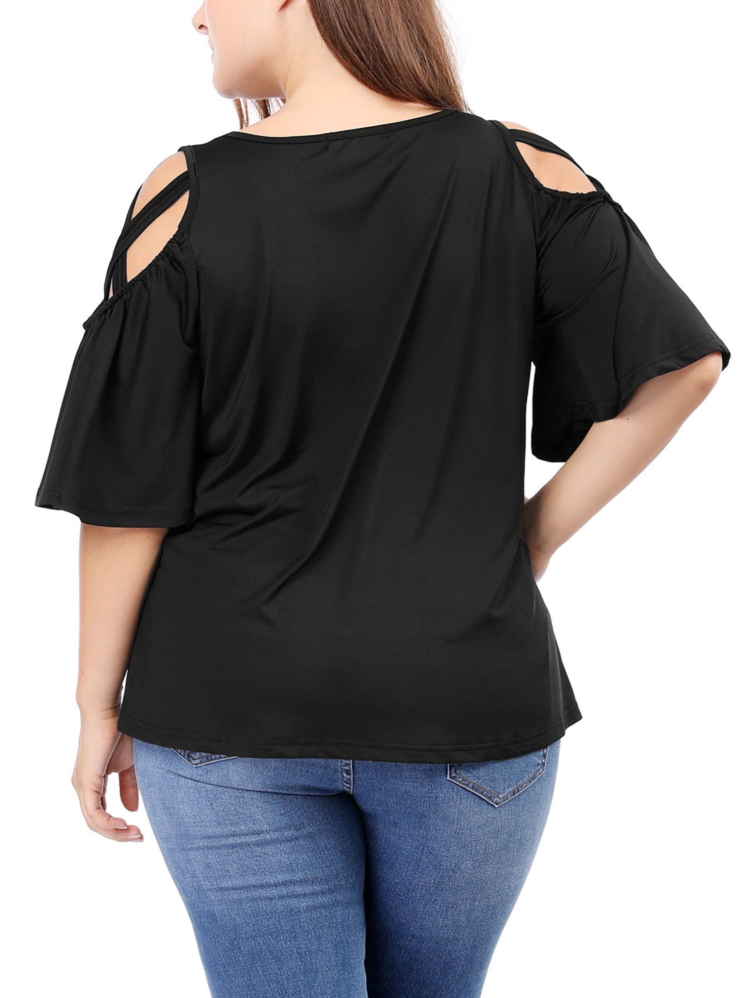 DARING DIVA Women's Plus Cold Shoulder Bell Casual Sleeve Top 3X Black
