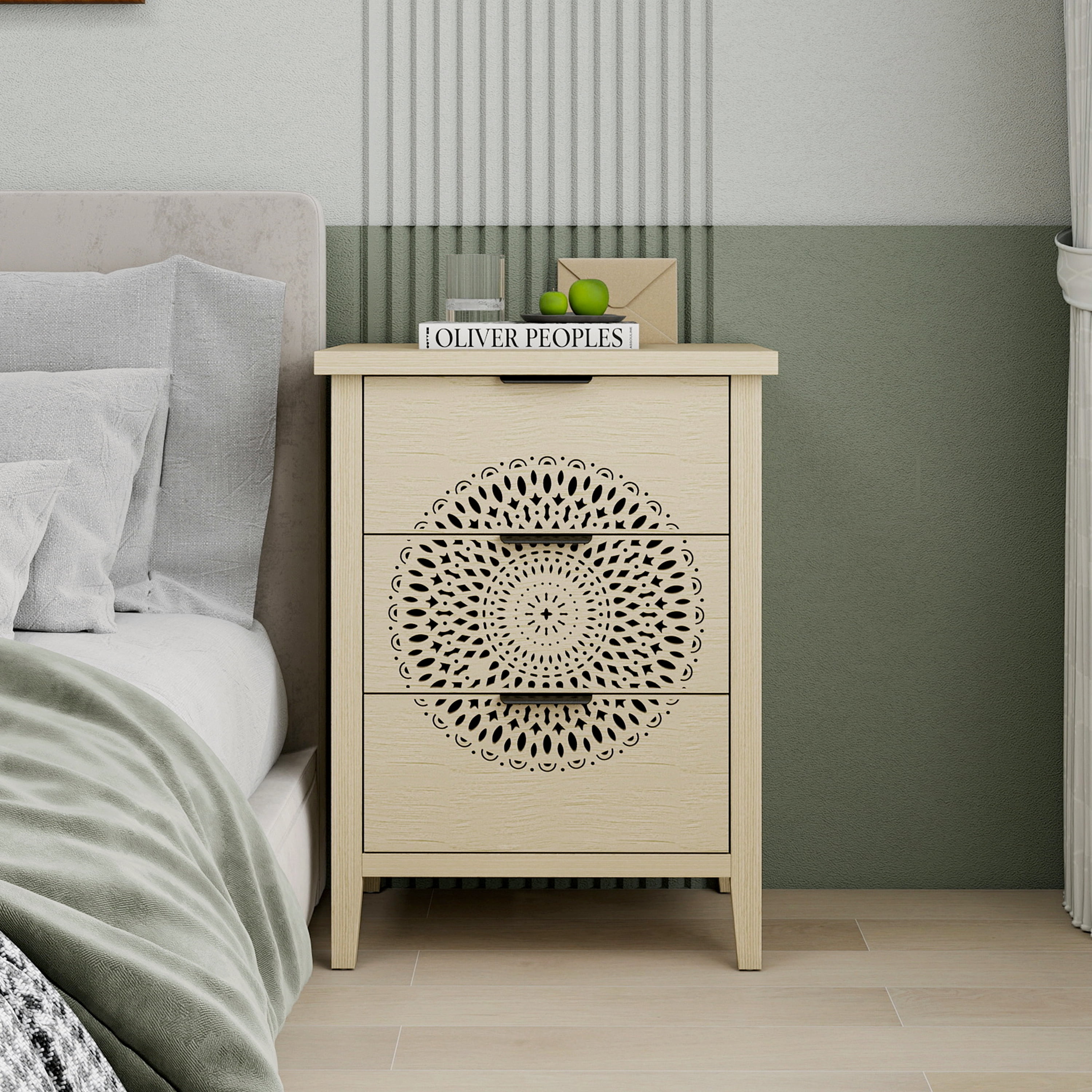 Gewnee Hollow-Carved 3-Drawer Storage Dresser Chest with Metal Handles, Modern Accent Furniture for Living Room & Bedroom