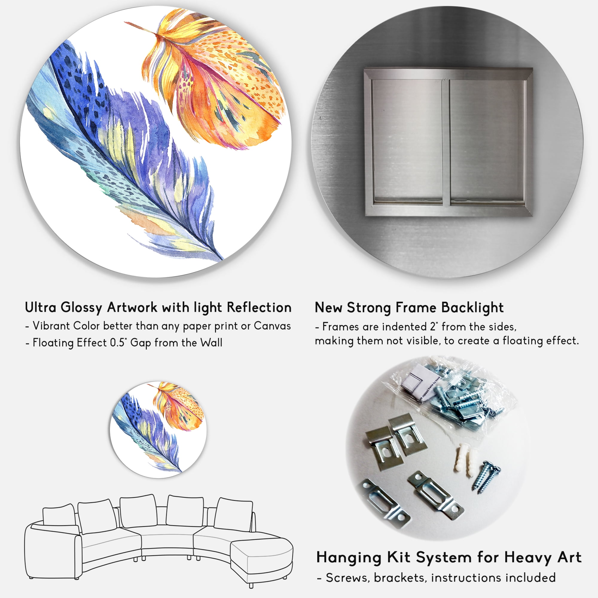 Designart 'Colorful Blue and Golden Bird Feather From Wing' Bohemian & Eclectic Circle Metal Wall Art 36x36 - Disc of 36