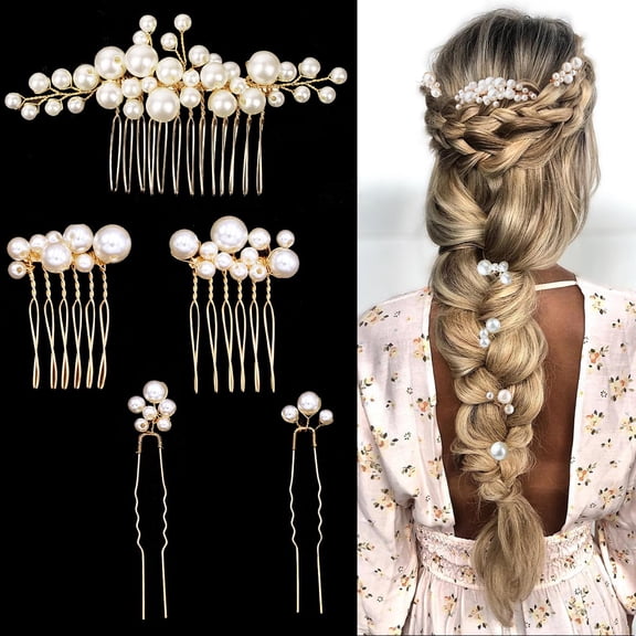 5 Pieces Gold Leaf Hair Pins Flower Pearl Hair Forks Bridal Hair Clips Headpiece Vintage Wedding Hair Accessories for Women Girls Brides Bridesmaids Flower Girls(Classic)