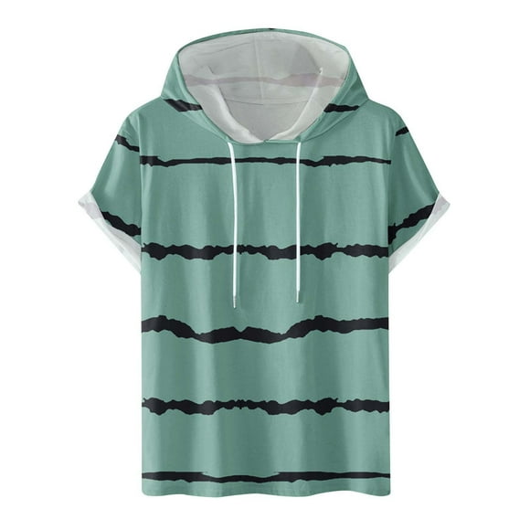 DDAPJ pyju Graphic Hoodies for Men Casual Striped Print Short Sleeve Hooded T-shirt Lightweight Workout Pullover Hoodie with Drawstring Flash Sale Green XL