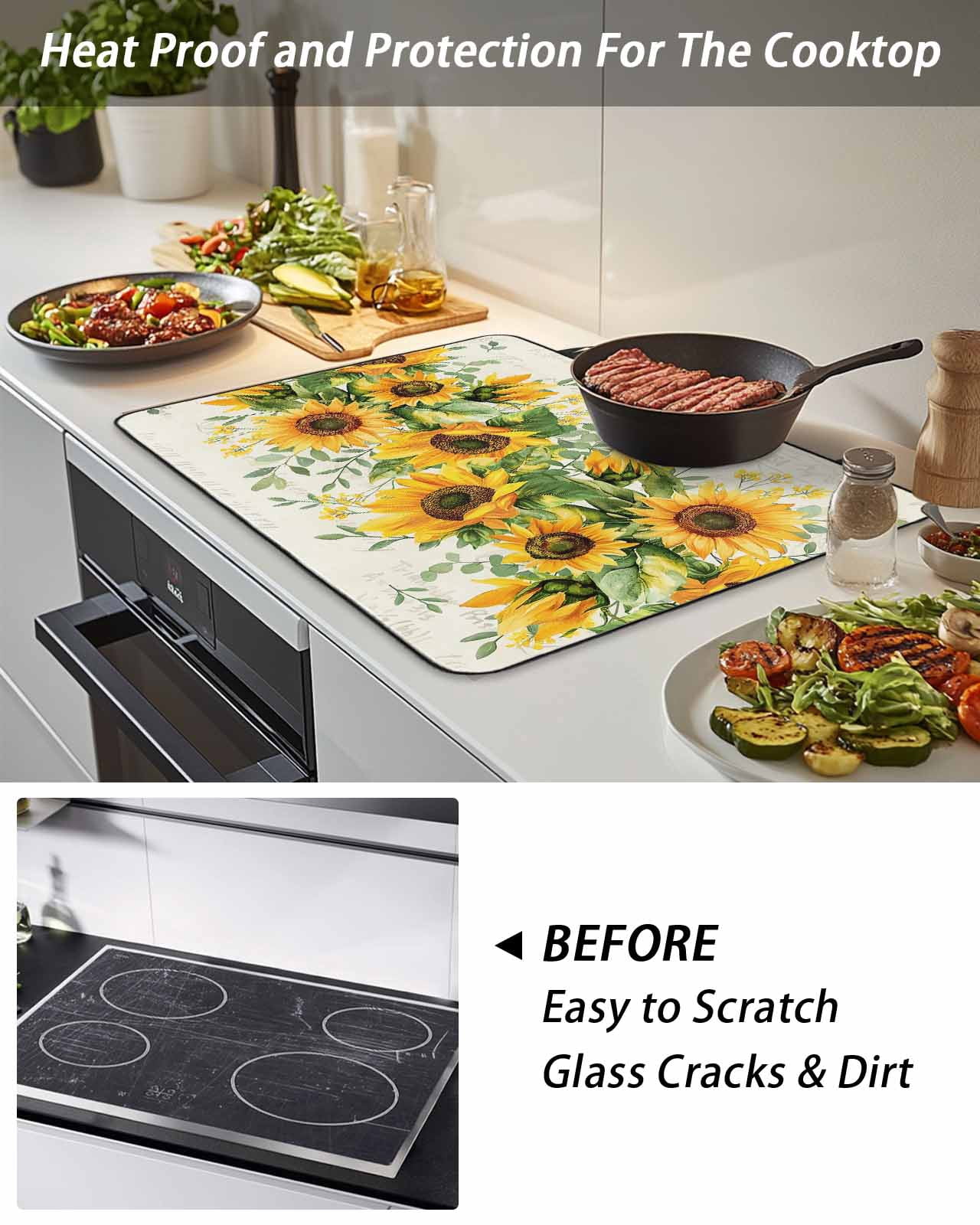 Stove Top Covers for Electric Stove, Sunflower Glass Stovetop Cover Protector, Country Botanical Yellow Green Floral Leaf Induction Cooktop Protector Oven Mat for Kitchen Countertop 24"x21"