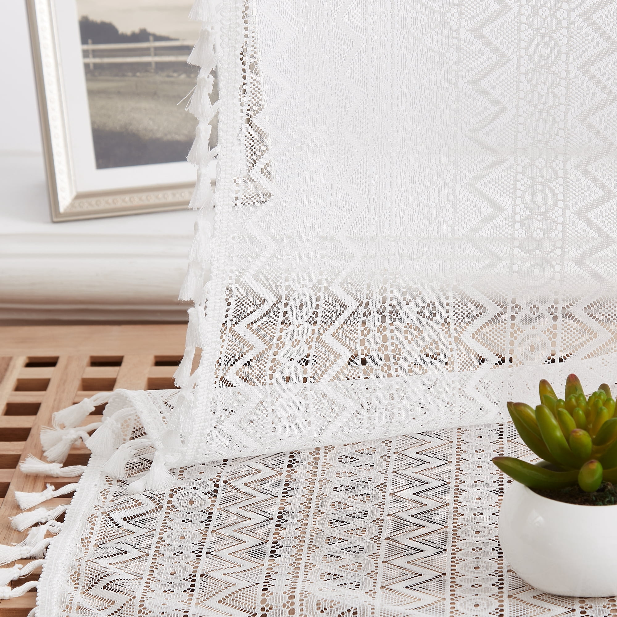 Bohogeo White Linen Textured Tassel Sheer Lace Curtain Panels, Chic Crochet Geometry Knitting Rod Pocket Farmhouse Window Curtain Drapes for Living Room/Bedroom, 2 Panels, 63" L x 40" W