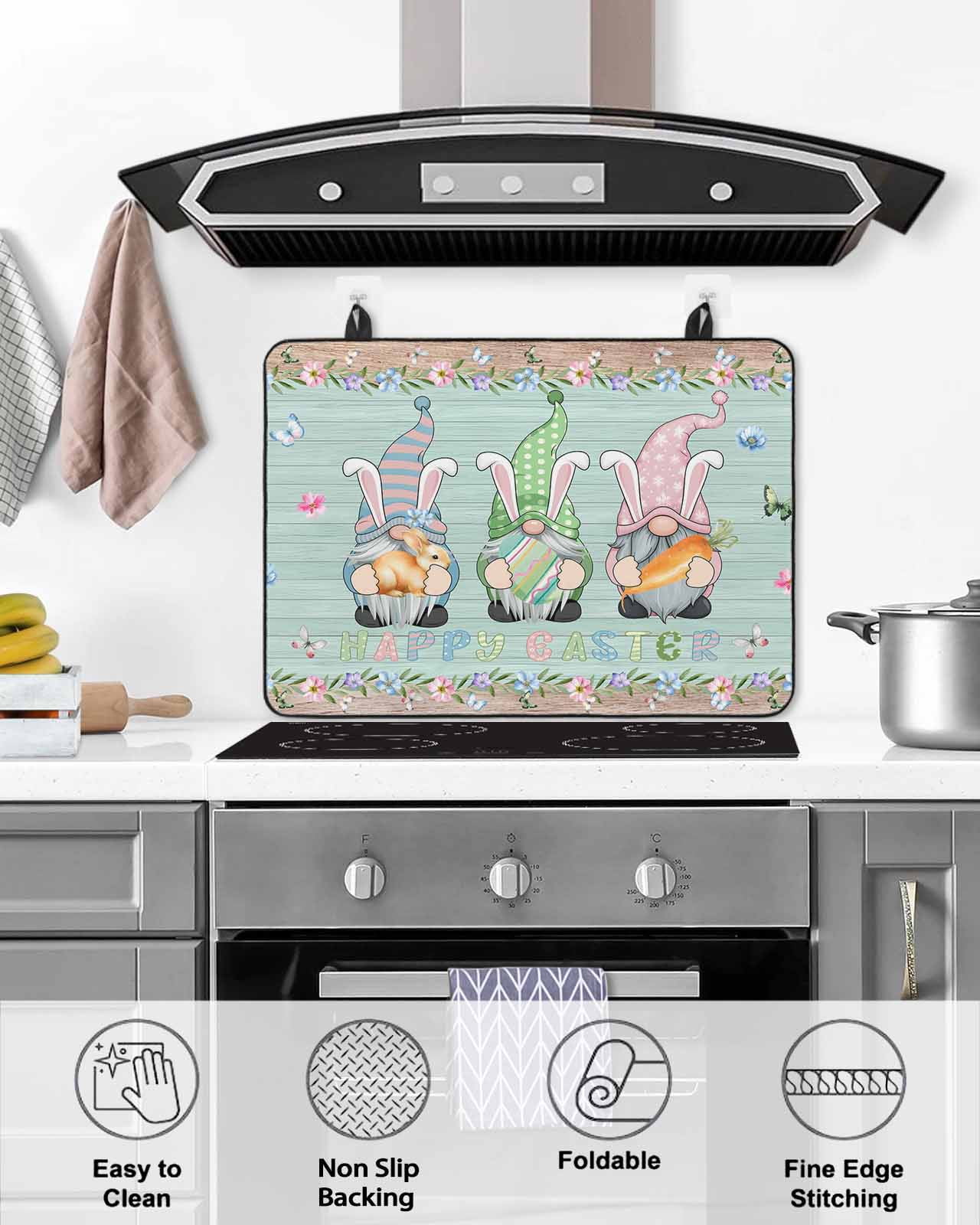 Large Induction Cooktop Protector Mat Easter Stove Top Covers for Electric Stove, Farmhouse Gnomes Rabbits Eggs Wooden Grain Decorative Stove Burner Cover Mats, Glass Top Stove Cover