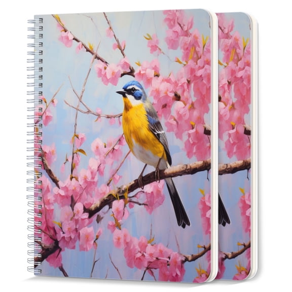 Spiral Notebook,College Ruled Journal,8.26" x 5.71" 50 Sheets/100 Pages,2 Pack - Yellow And Blue Bird Sitting on Cherry Blossom Tree