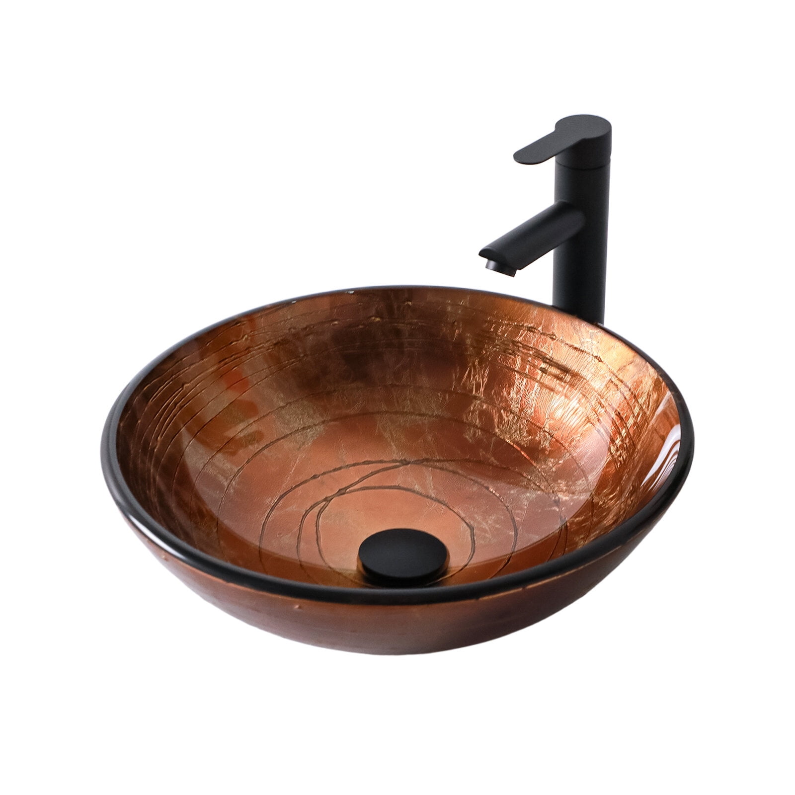 Vanity With Sink, Bathroom Artistic Tempered Glass Vessel Bathroom Sink with Pop-up Drain, Brown Tempered Glass Vanity Round Bowl (no Faucet), Brown Bathroom Vanity,Tempered Glass Single Sink Vanity