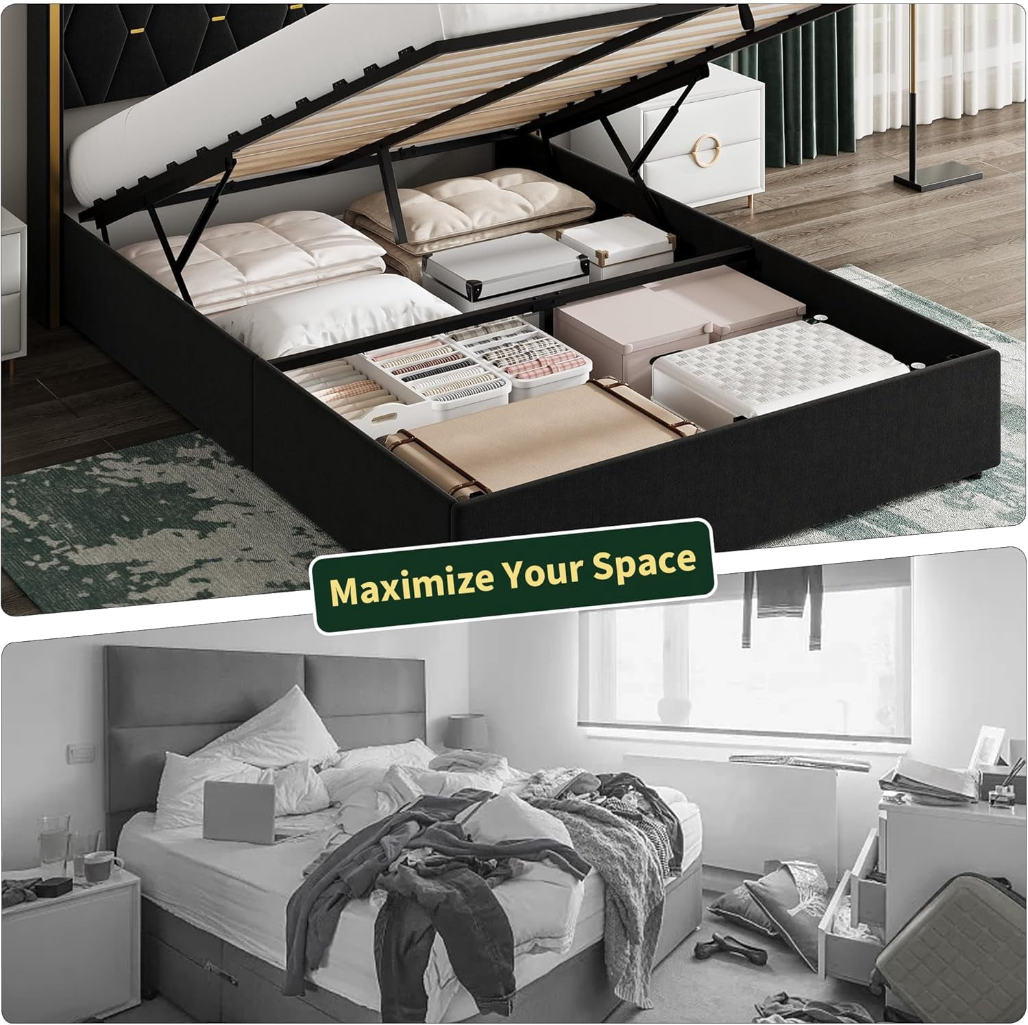 Queen Size Lift Up Storage Bed Frame with with Gold Wingback Headboard, Velvet Upholstered Bed Frame with Diamond Tufted Design & Gold Trim, Hydraulic Support, No Box Spring Needed, Black