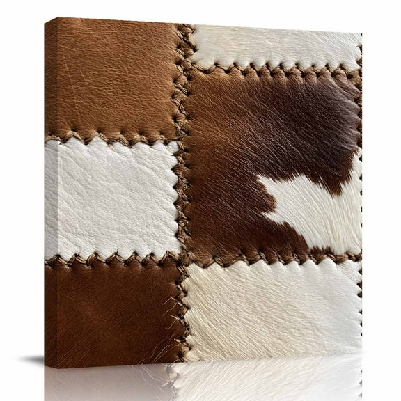 Canvas Print Wall Art Oil Paintings Brown White Cowhide Picture Prints Artwork for Living Room Kitchen Bathroom Bedroom,Stretched and Framed Ready to Hang,Western Farmhouse Animal Skin Leather