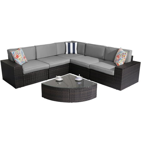 Superjoe 6 Pcs Outdoor Patio Furniture Set All-Weather Wicker Sectional Rattan Sofa Conversation Set with Glass Table Gray