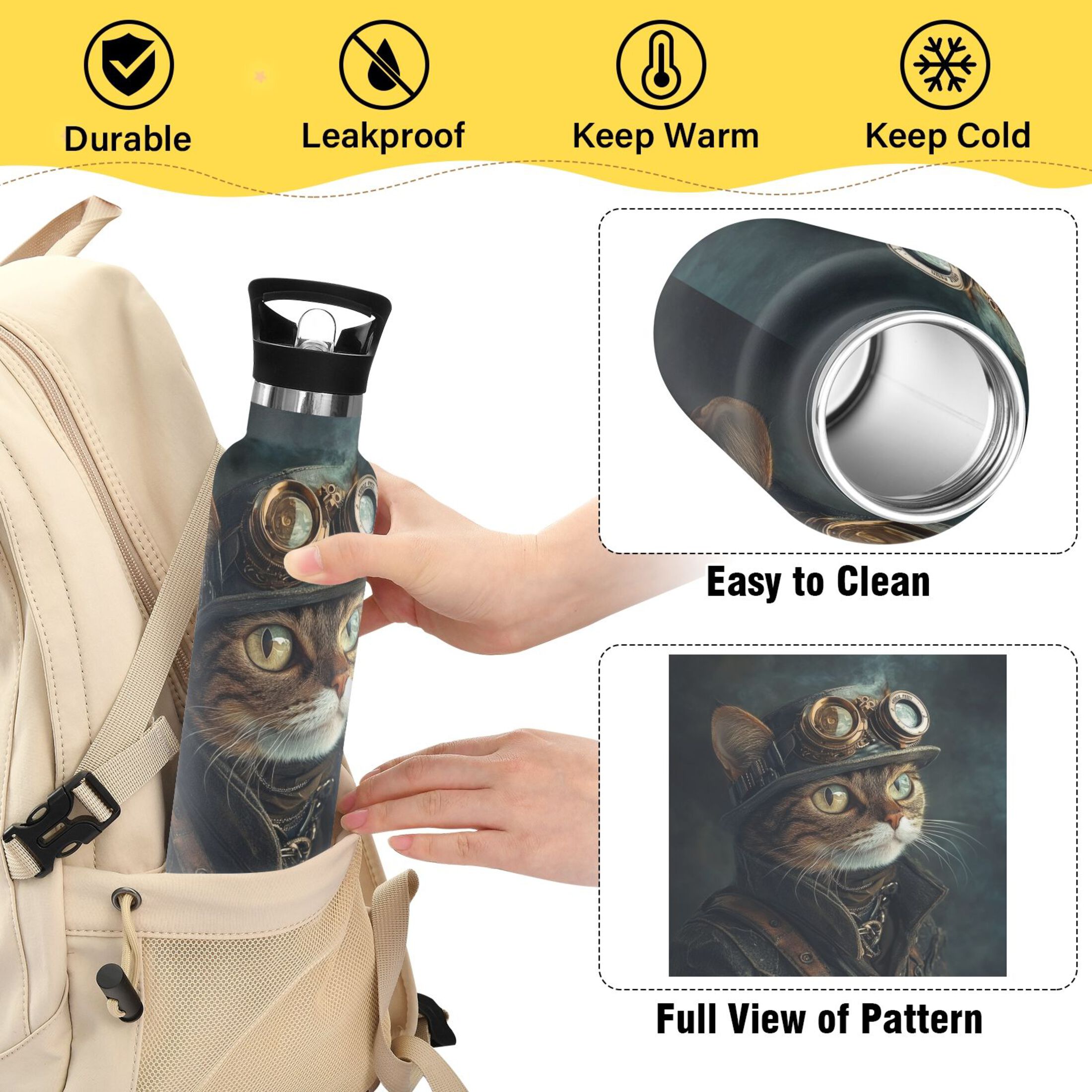 600ML Stainless Steel Insulated Cup Sports Water Bottle Portable Thermos Cup Water Glasses Insulated Tumblers Convenient and Durable Steampunk Cute Cat
