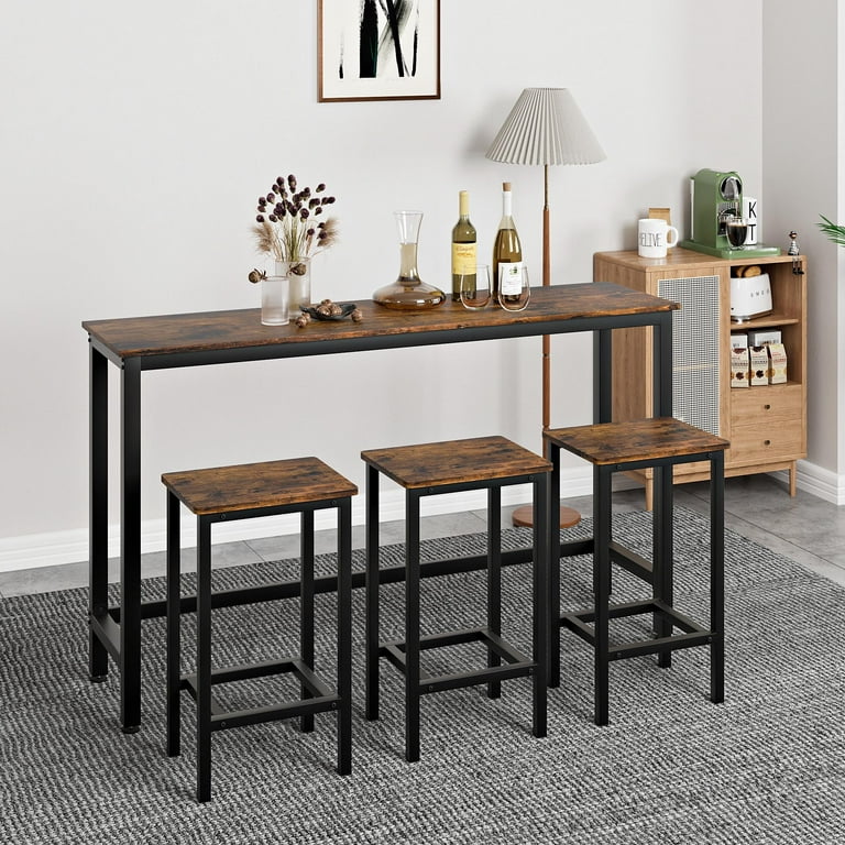 Counter Height Dining Table Set 4 Pieces Bistro Table Set with 3 Stools Modern Small Pub Table and Chairs Set Brown Compact Kitchen Table Set
