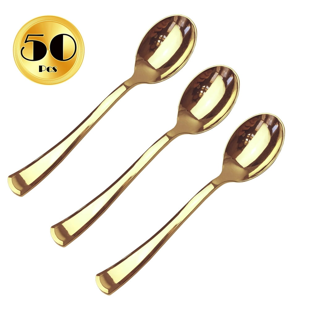 JL Prime 50 Piece Gold Plastic Spoons Bulk Set, Gold Plastic Cutlery