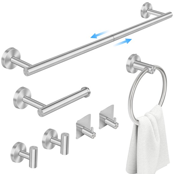PHANCIR Juego de Accesorios de 7 Pzas para Baño, Accesorios de Acero Inoxidable, Incluye Toallero de 24", Soporte para Papel Higiénico, Toallero, Ganchos para Bata, Juego de Toallero de Baño Montado en la Pared, Níquel-plata