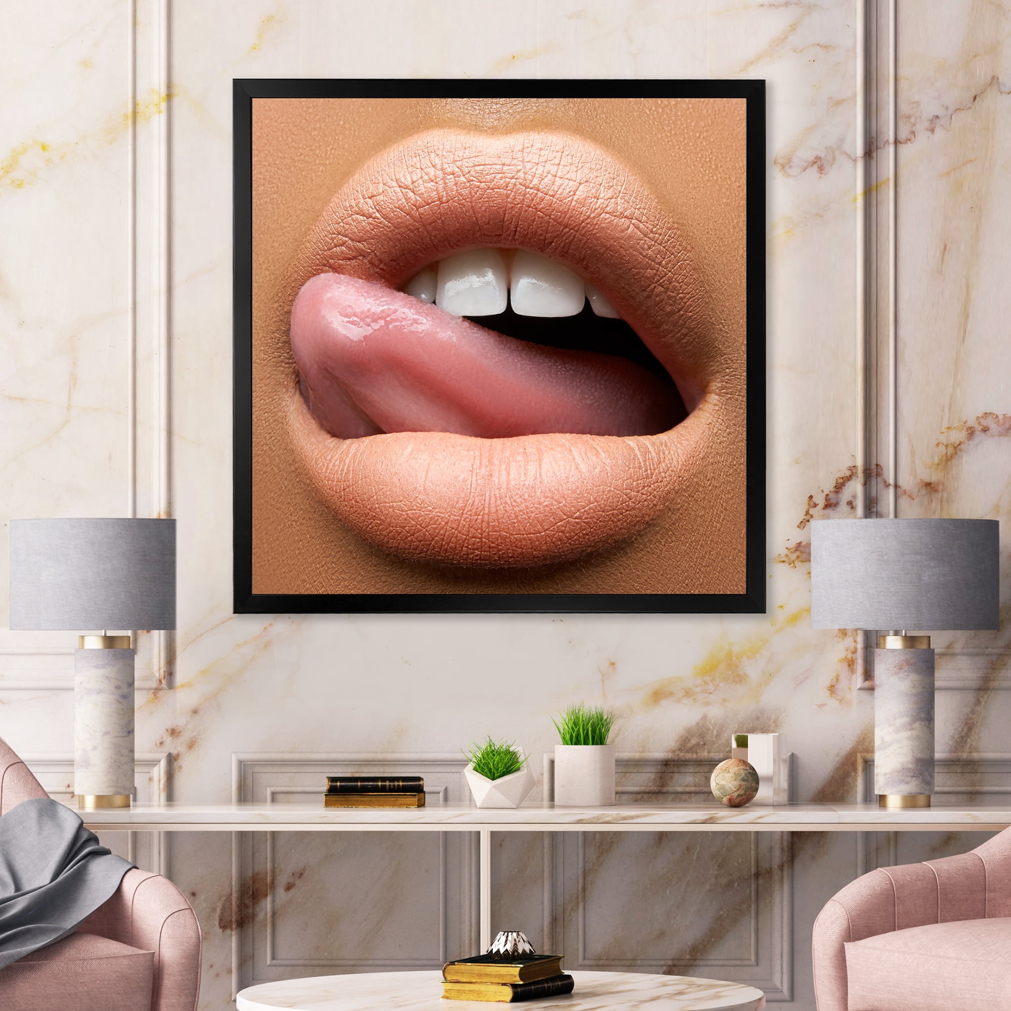 Designart 'Beautiful Dark Skinned Female Tongue Touching Lips' Modern Framed Art Print