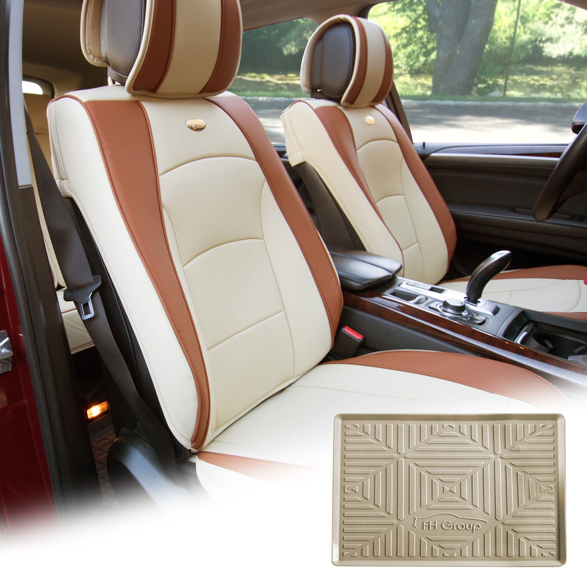 FH Group Beige Leatherette Front Bucket Seat Cushion Covers for Auto
