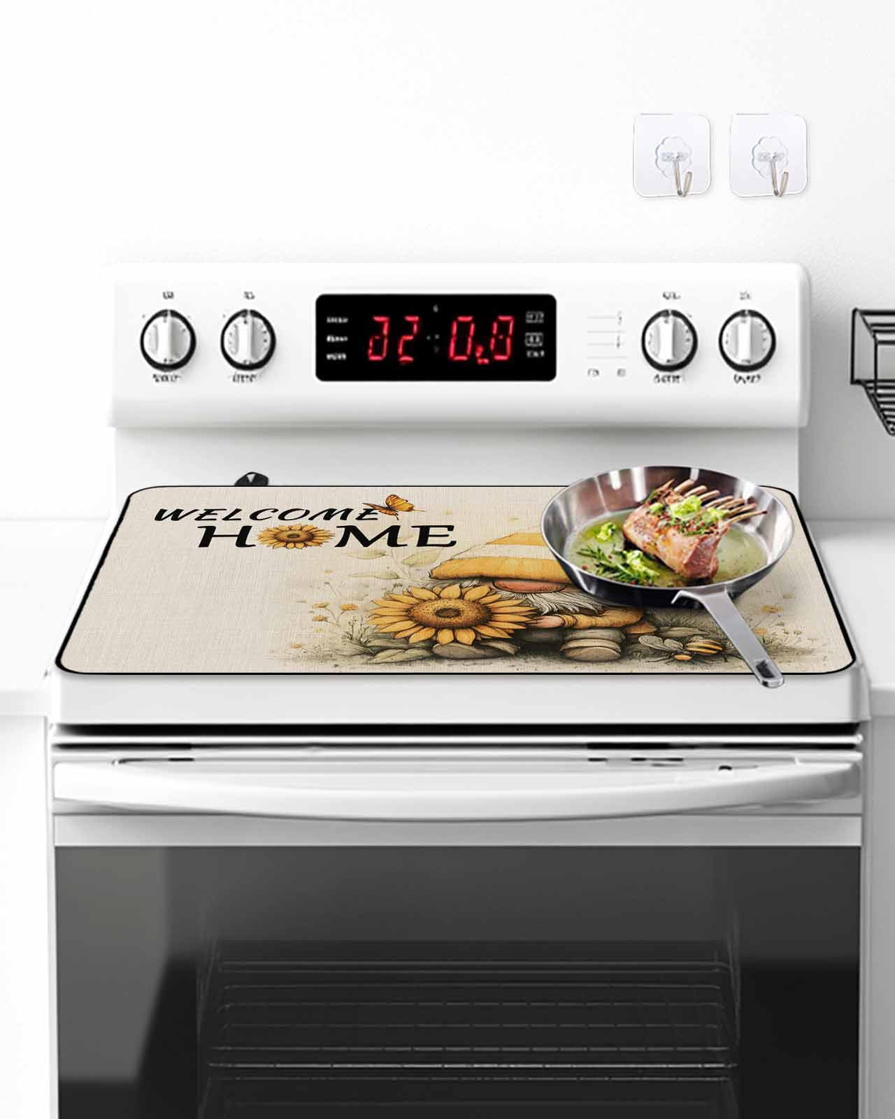 Stove Top Covers for Electric Stove 24x21 Inches, Yellow Sunflower Heat Insulation Fireproof Glass Cooktop Protector, Gnomes Butterfly Beige Retro Floral Countertop Stovetop Cover for Kitchen