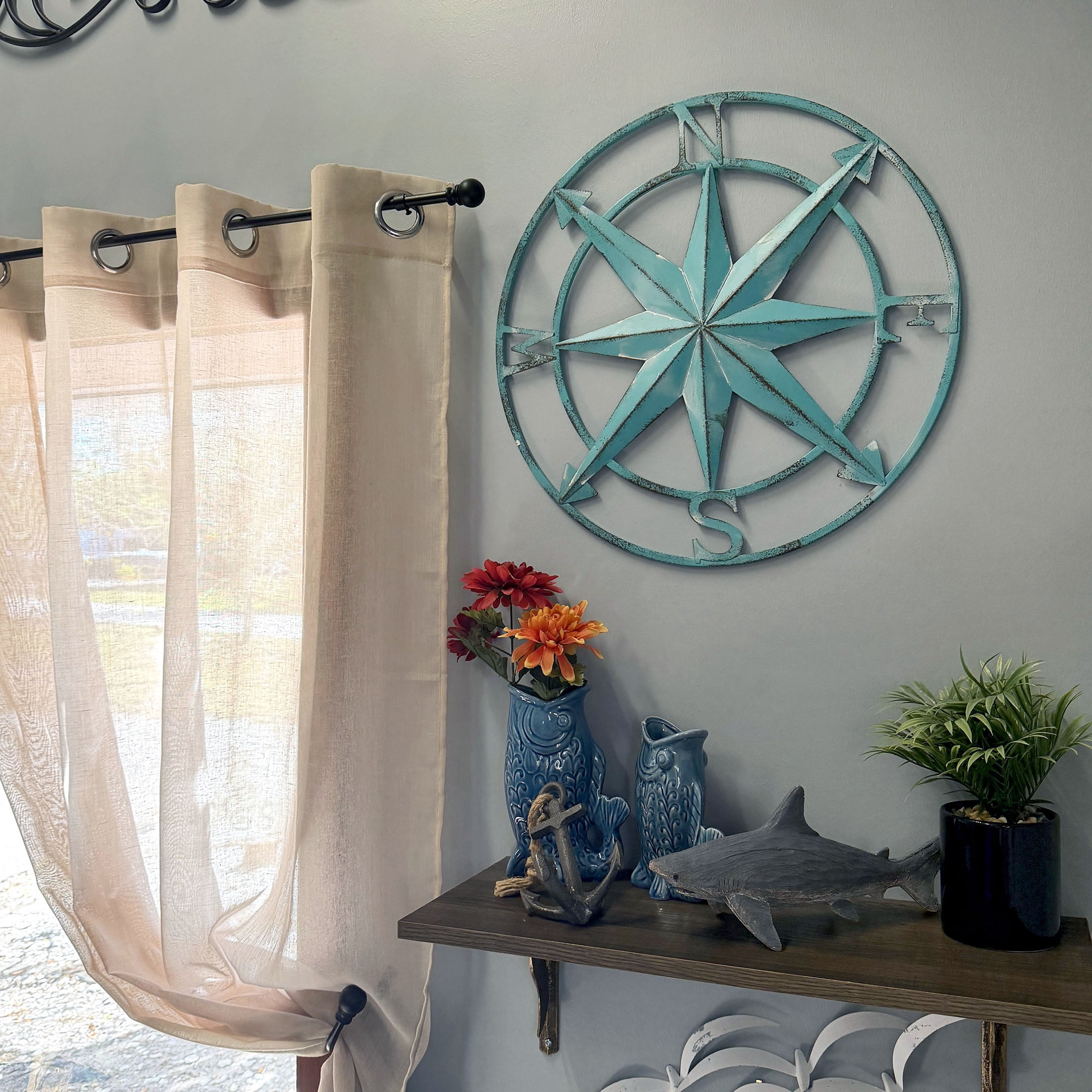 Zeckos Aqua Metal Compass Rose Wall Decor 20.25 inch Coastal Nautical Beach Art - Aqua - Size 20.25 inch diameter