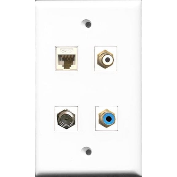 RiteAV 1 Port RCA White and 1 Port RCA Blue and 1 Port Coax Cable TV- F-Type and 1 Port Cat6 Ethernet White Wall Plate