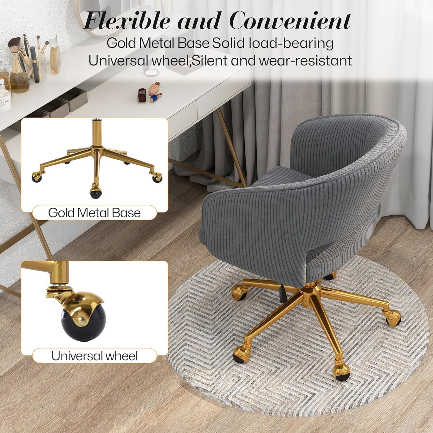 Home Office Swivel Desk Chair, Modern Corduroy Desk Chair, Height Adjustable Armchair with Gold Base, Ergonomic Office Chair for Living Room Vanity Study Computer Room, Gray