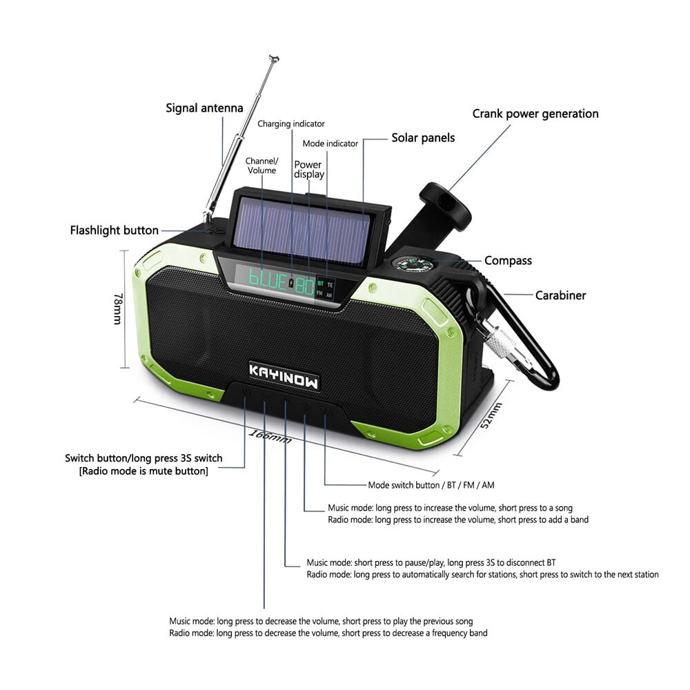 Portable Radio Hand Crank Radio Receiver Multifunction IPX6 Waterproof Outdoor Emergency Radio BT Speaker FM & LED Light