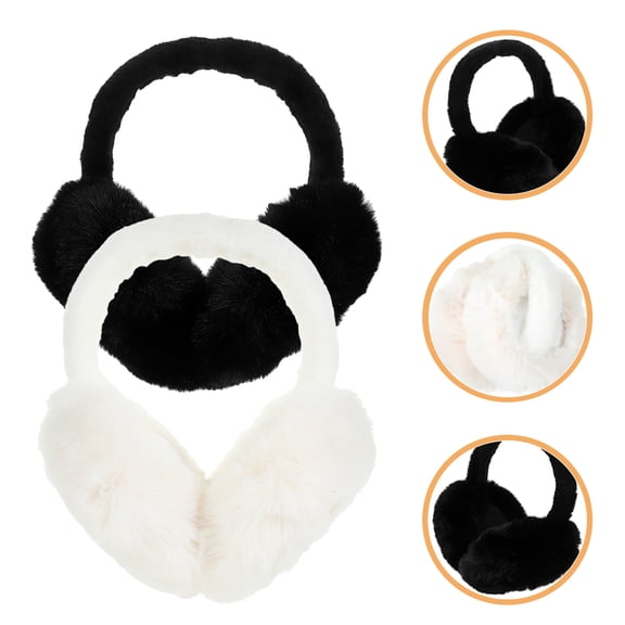 NIYANGLE 2Pcs Soft Warm Ear Muffs for Women Simple Design Plush Black White Round for Outdoor Activities
