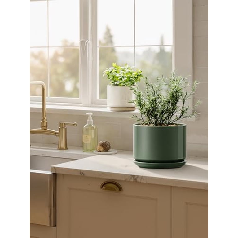 BEMAY 6.8-Inch Bamboo Green Ceramic Plant Pot with Saucer photo 4